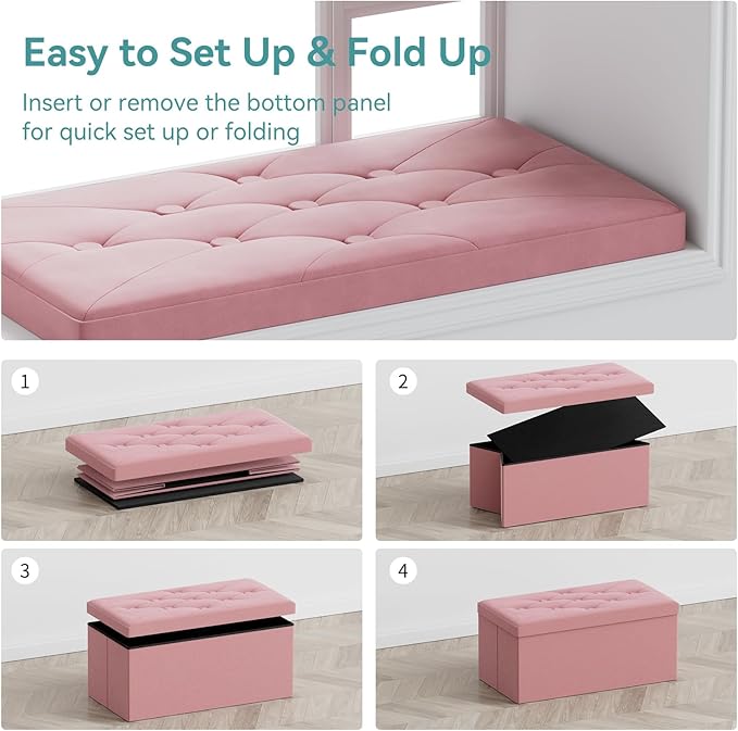 BRIAN & DANY Folding Storage Ottoman Bench, Ottoman with Storage, Foot Rest, Benches Seat for Bedroom, Living Room, Entryway, Long Shoes Bench, 15.7" x 31.5" x 15.7" Hot Pink