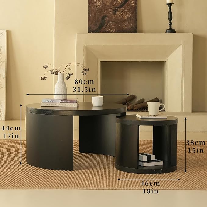 Round Nesting Coffee Table Set of 2, 31.5" Large and 18" Small Low Tables, Modern Wood Grain Tables for Living Room, Black