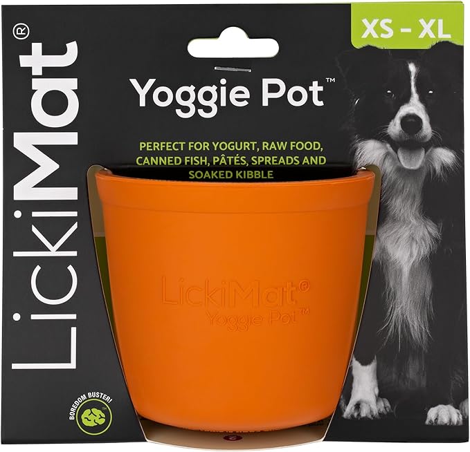 LICKIMAT Yoggie Pot - Distraction, Fun and Enrichment. Long Lasting Rubber Licking Treat Dispenser for All Dog Sizes and Slow Feeder for Small Dogs - Orange