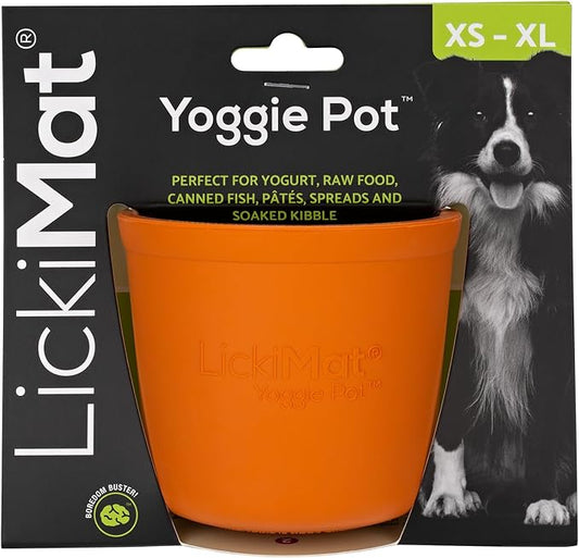 LICKIMAT Yoggie Pot - Distraction, Fun and Enrichment. Long Lasting Rubber Licking Treat Dispenser for All Dog Sizes and Slow Feeder for Small Dogs - Orange