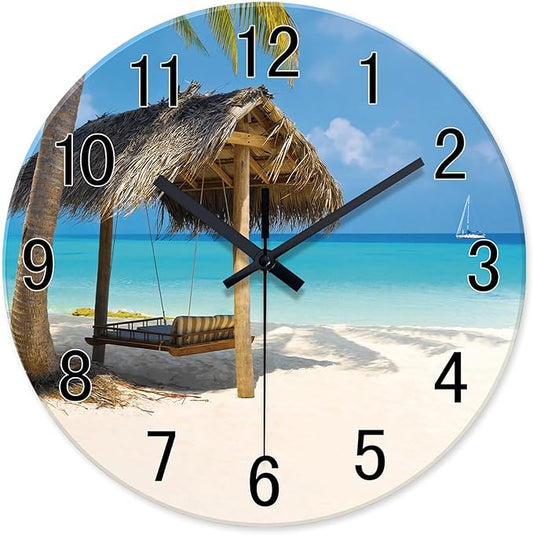 XFM Tropical Beach Wall Clock 12 Inch Silent Coastal Wall Clocks Battery Operated Blue Analog Wall Clock for Living Room Bedroom Office Decor