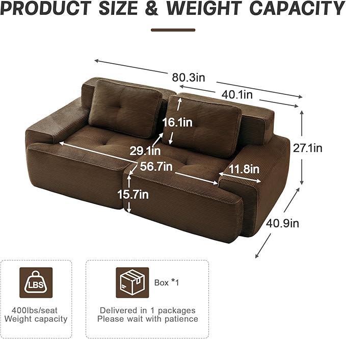 80" Modern Corduroy Boneless Love Seat Couches, 2 Seater Large Sectional Couches for Living Room, Brown Cloud Modular Sectional Sofa, Memory Foam, Extra Deep Loveseat, No Assembly