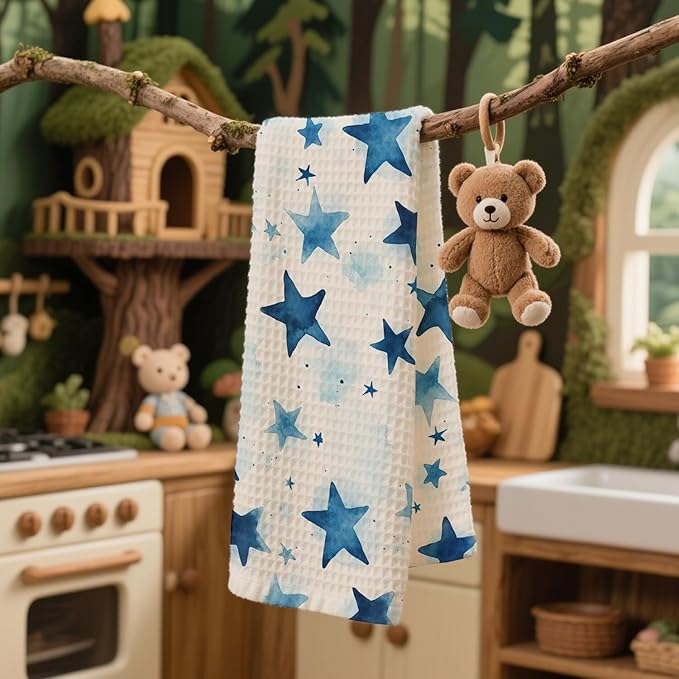 Watercolor Star Hand Towel, Star Waffle Towels, Nursery & Bathroom Hand Towel, 16x24 Inch Celestial Blue Dish Tea Towel Decor for Kitchen & Nursery & Bathroom, Gift For Friends & Homeowners.