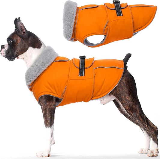 Lelepet Warm Dog Coat Reflective Fleece Vest Waterproof Dog Jacket with Adjustable Buckle Hook & Loop Windproof Cold Weather Coats for Small Medium Large Dogs, Orange, L