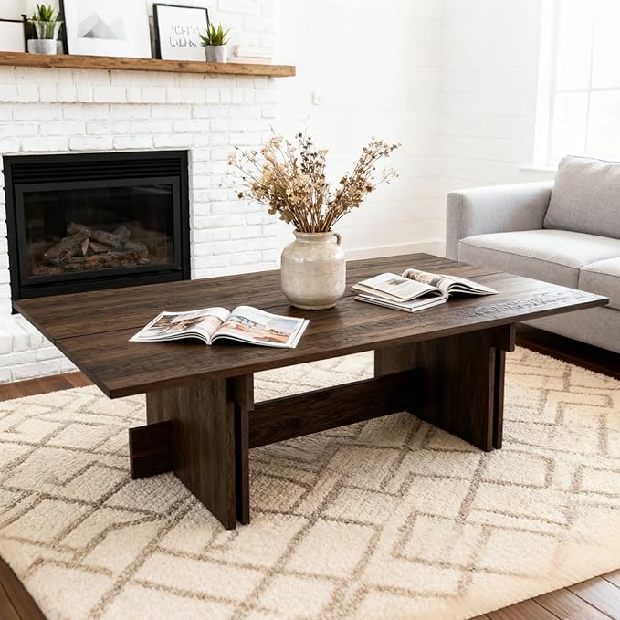 47 Inch Modern Farmhouse Coffee Table, Large Rectangular Wood Center Table with Cross Base for Living Room, Rustic Industrial Cocktail Table, Walnut