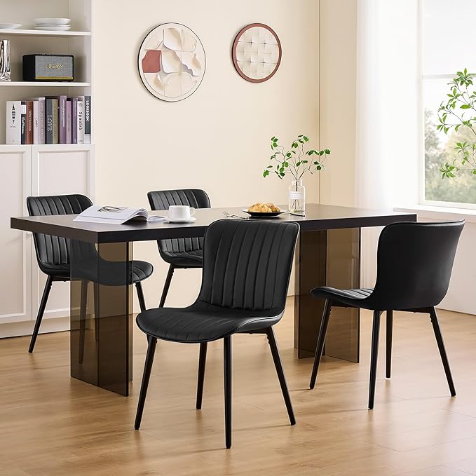 Modern Black Dining Chairs Set of 2, Heavy Duty Upholstered Side Chairs with Faux Leather, Comfortable Cushions & Durable Metal Legs with Adjustable Feet, Perfect for Kitchen, Dining Room