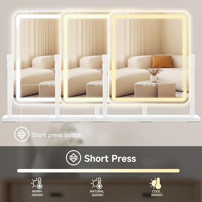 Vanity Mirror with Lights, Height-Adjustable & 360° Rotation, 1/10X Magnification, Three Color Lighting Modes, Makeup Mirror Smart Touch Control, Large Vanity Desk Mirror (17.5in,White)