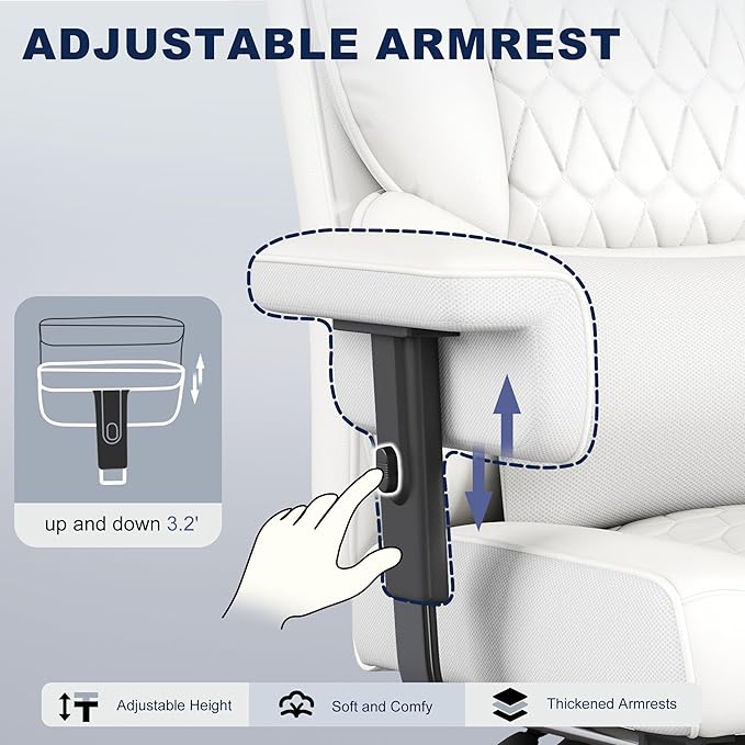 Misolant Big and Tall Office Chair with Footrest, High Back Executive Desk Chair with Adjustable Lift Armrest, 155°Recline，Lumbar Support Pillow, Faux Leather Gaming Chairs for Home or Office White