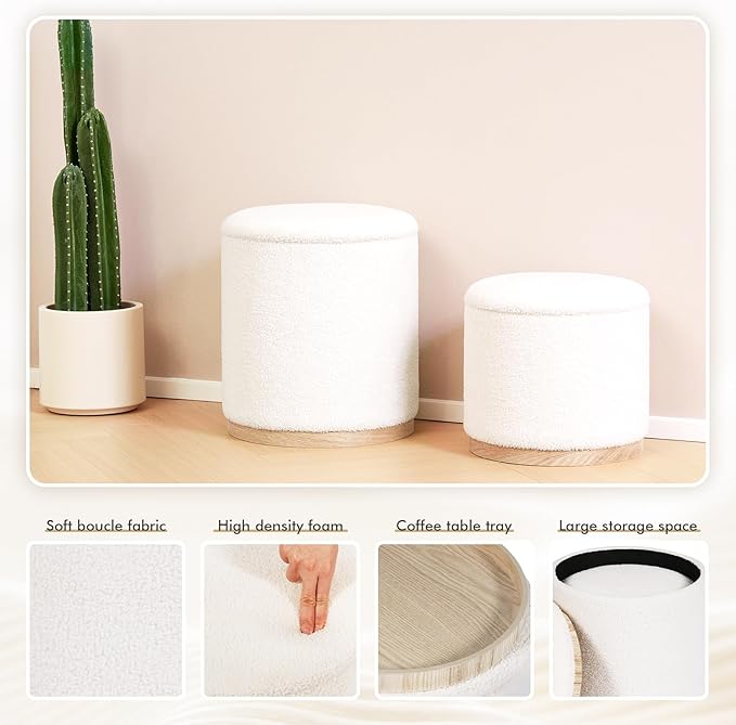 PINPLUS Round Ottoman with Storage Set of 2, Vanity Stool with Tray Storage for Bedroom, Small Teddy Velvet Foot Rest Stool Ottoman for Living Room, Dorm (White)