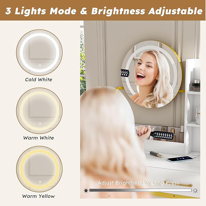 Ball & Cast Vanity Desk with Mirror & Power Outlet,3 Dimmable Colors Light Small Makeup Vanity Table Set with 2 Large Drawers & Chair,Adjustable Brightness Dressing Table for Women Girls Bedroom
