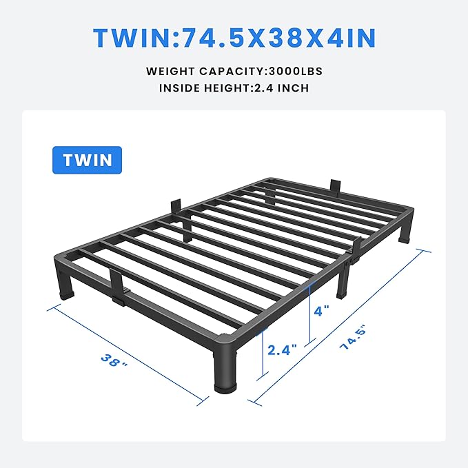 MAF 4 Inch Twin Metal Platform Bed Frame with Round Corner Legs, 3000 LBS Heavy Duty Steel Slats Support, Noise Free, No Box Spring Needed, Easy Assembly