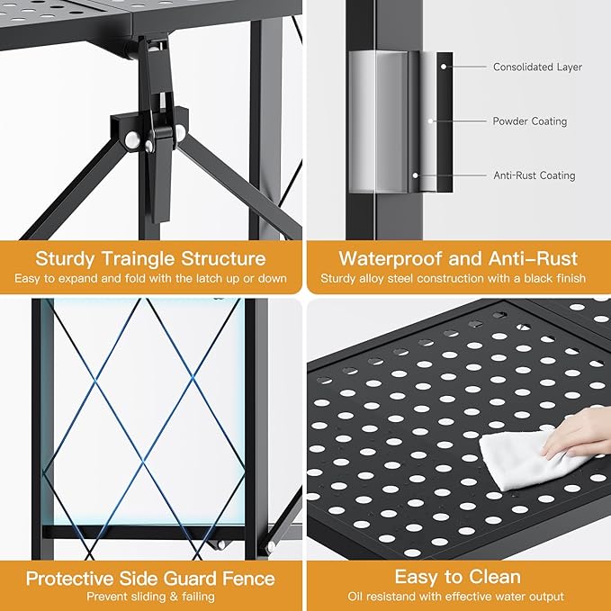 HealSmart 4-Tier Heavy Duty Foldable Metal Rack Storage Shelving Unit with Wheels Moving Easily Organizer Shelves Great for Garage Kitchen, Black