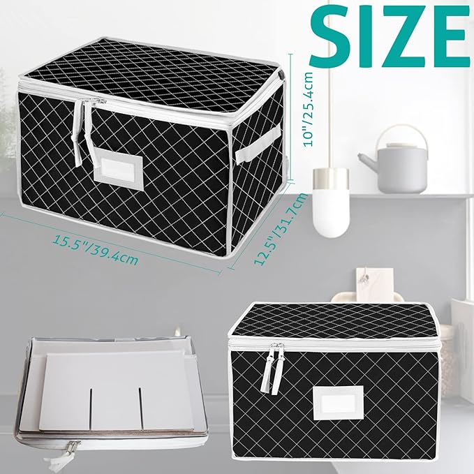 VERONLY China Storage Containers - Stemware Storage Cases for 12 Wine Champagne Glasses - 2 Pack Crystal Glassware Protector Packing Boxes with Dividers and 2 Handles for Moving (Black)