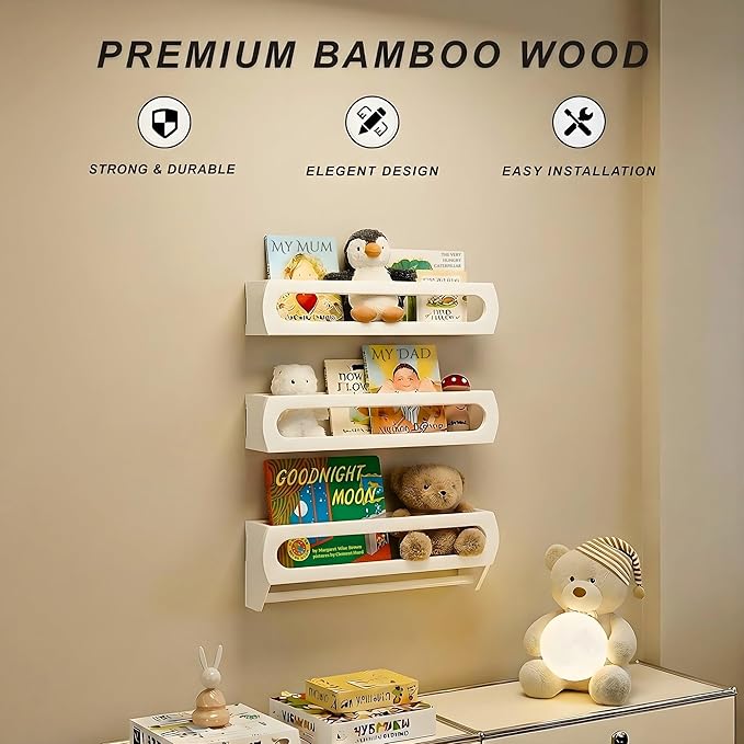 Bamboo White Nursery Floating Book Shelves for Wall, 16.5 Inch - Set of 3 Wall Mounted Multi-use Shelves, Kids Room, Playroom, Nursery Decor and Storage