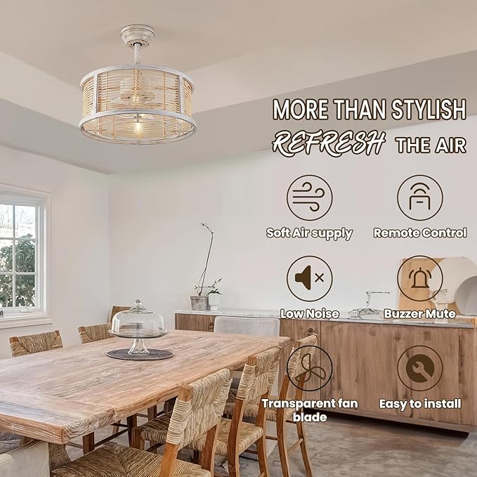hummingbird 20 Inch Rattan Caged Ceiling Fan with Light, Boho White Fandelier Ceiling Fan with Lights and Remote, Enclosed 6 Speed for Bedroom Kitchen Dining Room