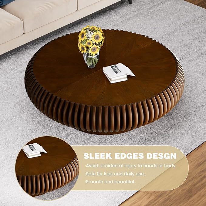 Fluted Round Coffee Table for Living Room 39.37" Modern Drum Coffee Table Mid Century Handcrafted Circle Wood Center Tables with Pedestal for Small Space Apartment (Walnut)