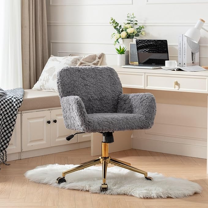 Goujxcy Faux Fur Home Office Chair, Upholstered Elegant Makeup Vanity Chair for Teen Girls Teddy Fabric Swivel Desk Chair, Height Adjustable Leisure Elegant Chair for Home Office (Gray)