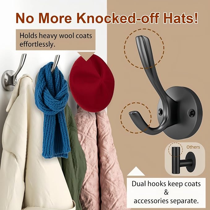 ZUONAI Black Coat Hook Heavy Duty 12 Pack Matte Black Hooks for Hanging Coats and Hat Hook Door Towel Hooks for Bathrooms Wall Mounted Double Metal Robe Hook Kitchen Hanger Sturdy Coat Locker Single