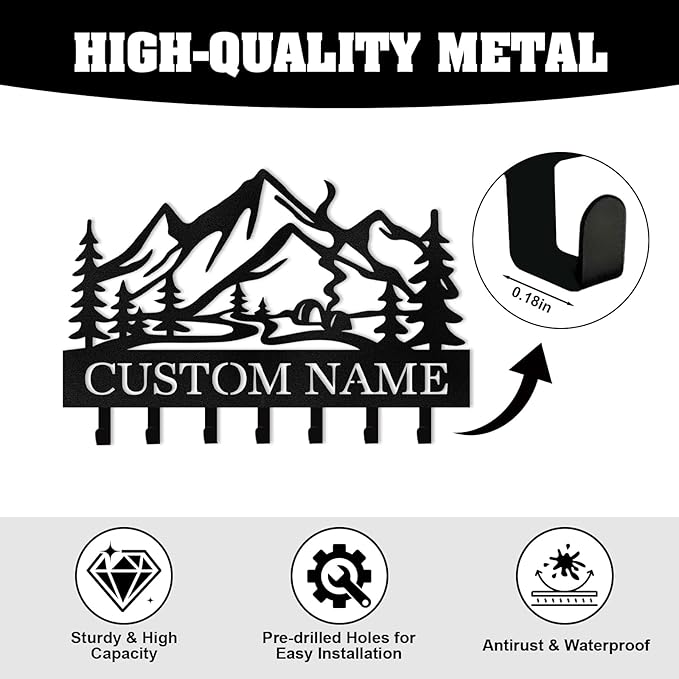 Personalized Metal Key Holder Wall Mount, Custom Name Camper Key Holder for Wall, Camping Decor, Key Hanger Organizer for Entryway Front Door Hallway Office, Housewarming Gifts Color07