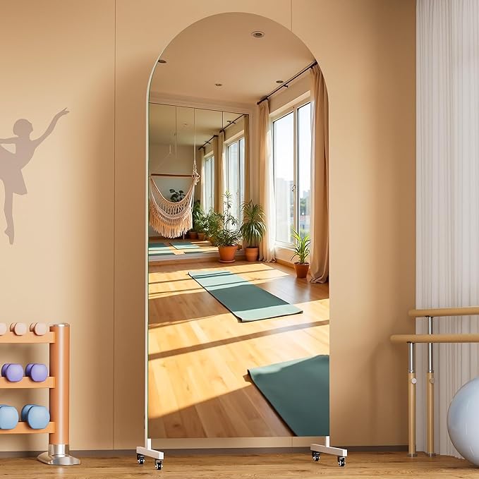 Hasipu 75" x 28" Arched Rolling Home Gym Mirror with Wheels, 360° Swivel Body Mirror with HD Tempered Glass, Large Floor Mirror for Yoga Room, Dance Studio, Bedroom & Home Gym