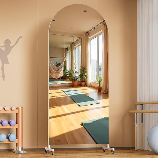 Hasipu 75" x 28" Arched Rolling Home Gym Mirror with Wheels, 360° Swivel Body Mirror with HD Tempered Glass, Large Floor Mirror for Yoga Room, Dance Studio, Bedroom & Home Gym