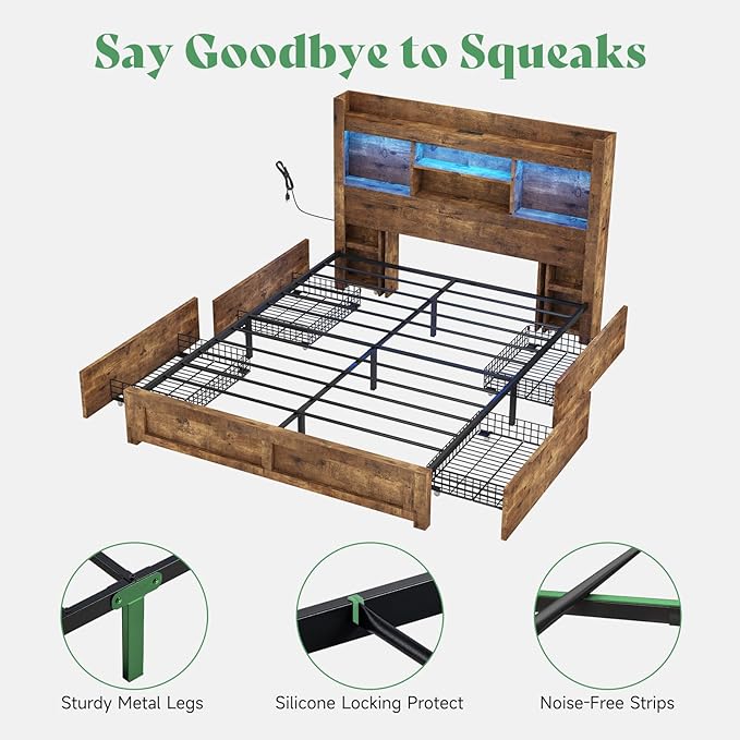 AMERLIFE Full Bed Frame with 4 Storage Drawer, LED Bed Frame with 49.6" Tall Bookcase Headboard, Wood Platform Bed with Charging Station & 2 Slide Bedside Shelf, No Box Spring Needed/Rustic Brown