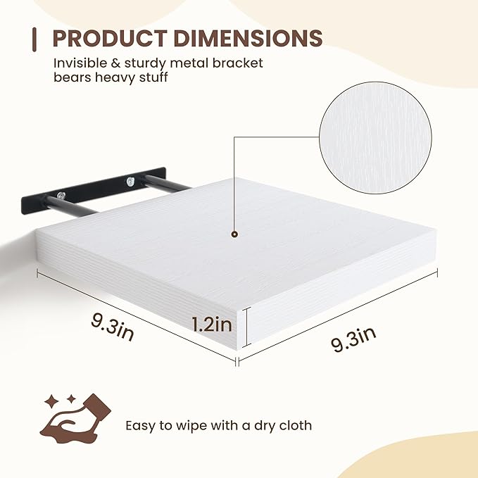 Fun Memories Floating Shelves for Wall - 9.3 Inch Square Shelves with Invisible Brackets, White Small Wall Shelf for Living Room, Bathroom, Bedroom, and Kitchen Decor，Set of 4