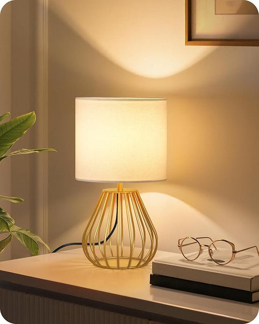 Gold Table Lamp, Small Gold Bedside Lamp with Metal Base & White Linen Lampshade, Modern Nightstand Lamp, Little Cute Desk Lamp for Bedroom, Living Room, 2700K LED Bulb Included, DCW06TL05
