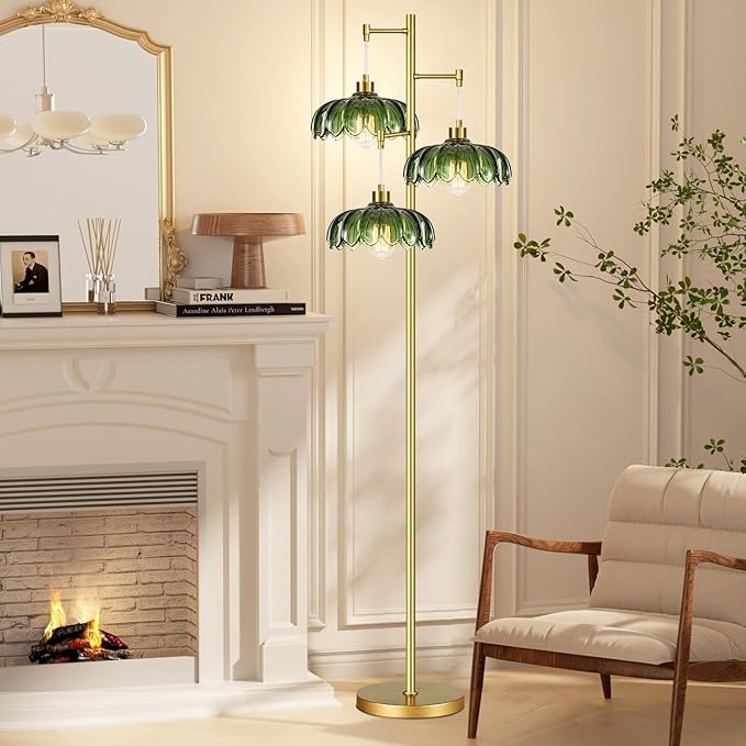Gold Floor Lamps for Living Room Vintage Floor Lamp with Glass Lmapshape & Three Led Bulb,Green Floor Lamp Brass Mid Century Modern Standing Lamp Tall Tree Flower Floor Lamps for Bedroom,Office,Corner