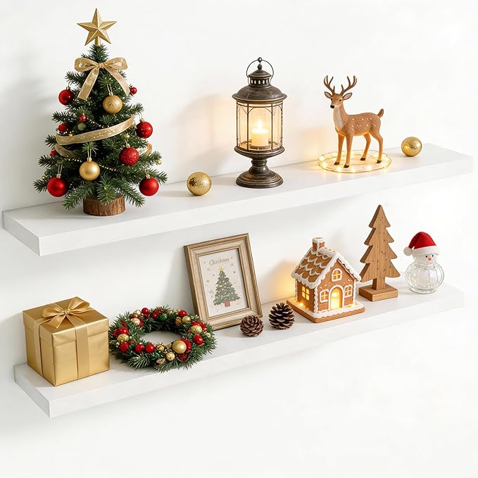 55 Inch Floating Shelves for Wall, 8 Inch Deep Floating Shelf for Storage & Display, Rustic Wall Mounted Shelf with Invisible Brackets for Living Room, Kitchen, Bathroom, Home Decor, Set of 2, White