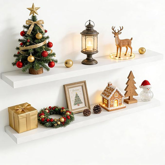 55 Inch Floating Shelves for Wall, 8 Inch Deep Floating Shelf for Storage & Display, Rustic Wall Mounted Shelf with Invisible Brackets for Living Room, Kitchen, Bathroom, Home Decor, Set of 2, White