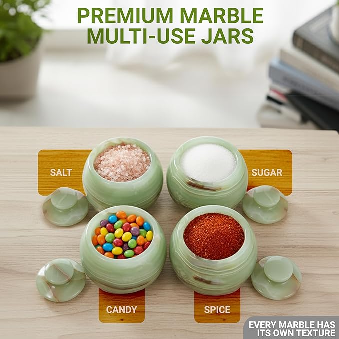 Natural Marble Candy Jar Handmade Cover Pot Storage - Deep Covered Kitchenware Jar Container, Onyx Green