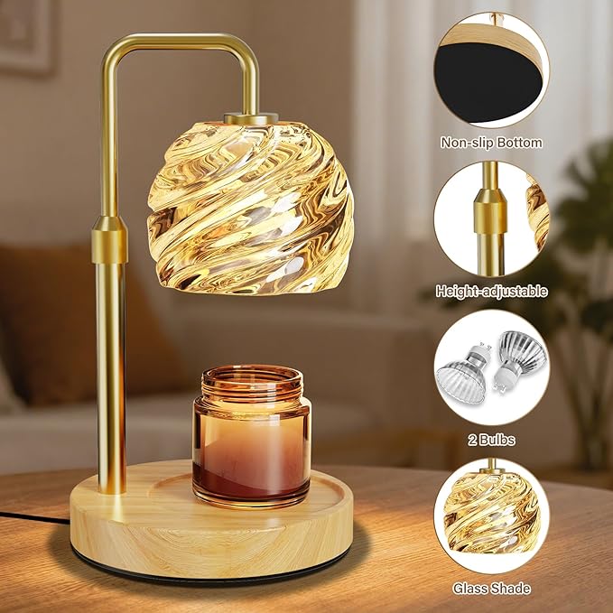WarmEmbrace Candle Warmer Lamp with Timer for Jar Candles - Dimmable, Height and Brightness Adjustable Electric Wax Warmer Gold, 2 Bulbs Included, House Warming Gift & Vintage Home Decor