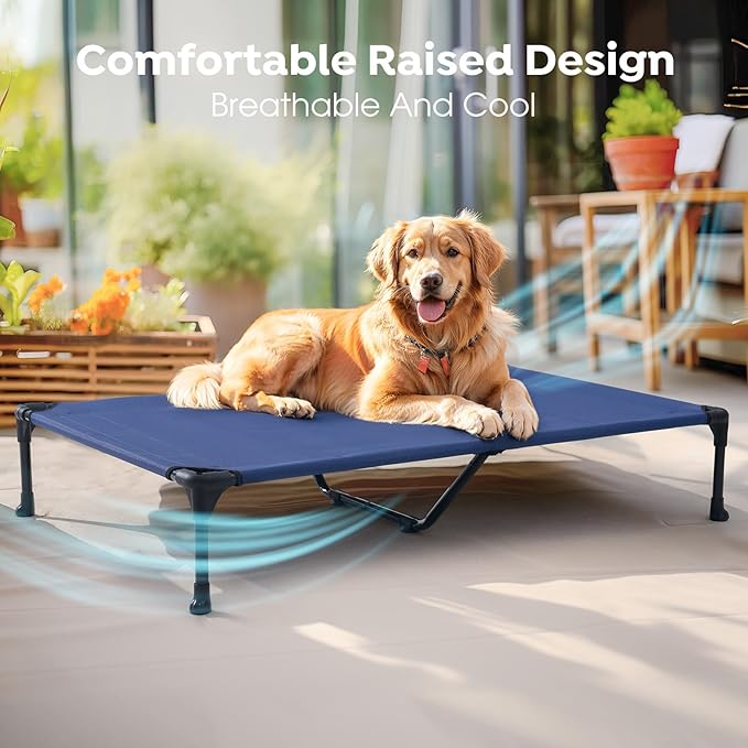 Veehoo Outdoor Elevated Dog Cot Bed, Cooling Raised Pet Bed for XX-Large Dog, Washable Breathable Mesh Hammock Bed with No-Slip Feet, Indestructible Ground Off Training Platform Cot-59"x37.5" Blue