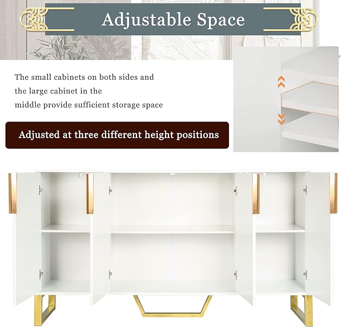 Modern Elegant Sideboard Buffet Large Storage Cabinet with Gold Metal Legs&Handles and Adjustable Shelf, 60'' Classic Console Table Sofa Table Entryway Table for Living Room Kitchen (White-60'')