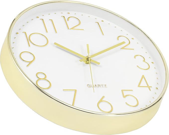 Foxtop Gold Wall Clock 12 Inch Silent Non-Ticking Battery Operated Round Modern Wall Clock for Living Room Bedroom Kitchen Home Office Decor