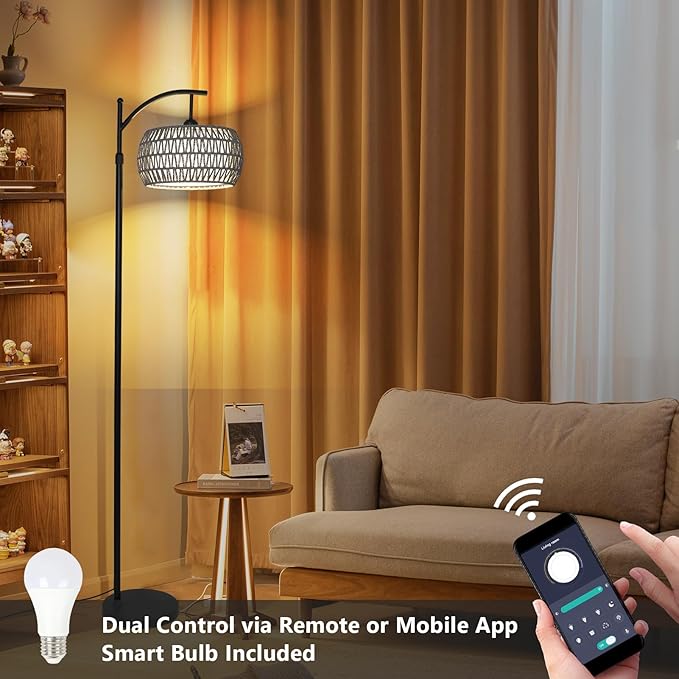 Arc Floor Lamp for Bedroom, Boho Standing Lamp with Remote & LED Smart Bulb, Rattan Floor Lamps for Living Room with 3 Color Temperatures, Height Adjustable Corner Tall Lamp, Stand up Light for Office