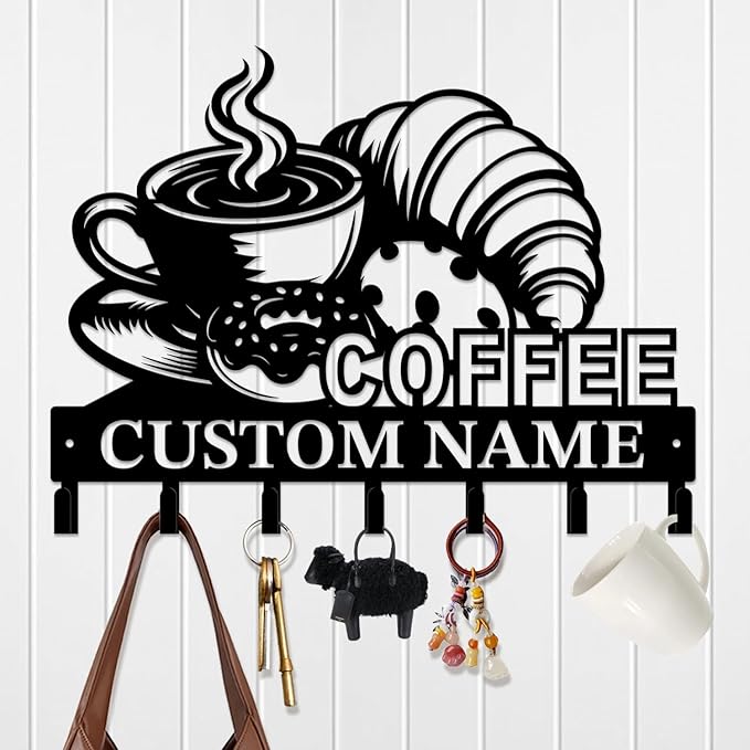 Coffee Bar Keys Holder - Metal Iron Wall Hooks with Custom Name | Personalized Home Decor & Gift Idea | Coffee-Themed Text Engraving Design (Style G)