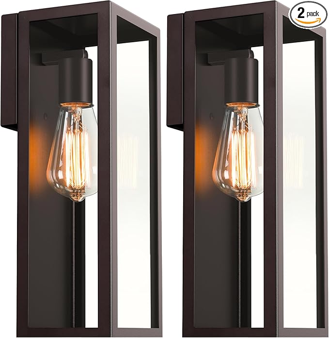 2-Pack Outdoor Wall Lanterns, 13'' Exterior Waterproof Wall Sconce with Clear Glass Shades, Oil Rubbed Bronze Porch Lights, Anti-Rust E26 Outdoor Lights for Outside Patio Garage Front Door House