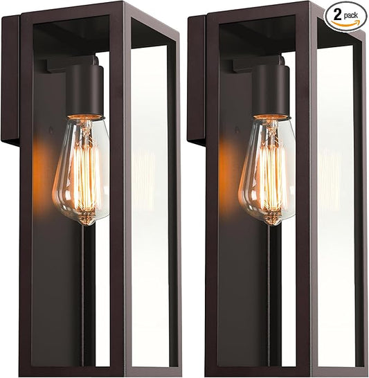 2-Pack Outdoor Wall Lanterns, 13'' Exterior Waterproof Wall Sconce with Clear Glass Shades, Oil Rubbed Bronze Porch Lights, Anti-Rust E26 Outdoor Lights for Outside Patio Garage Front Door House