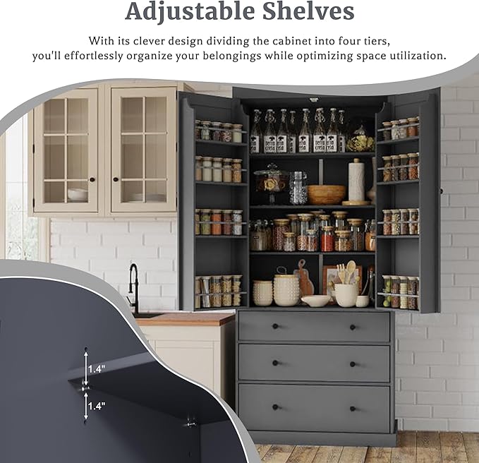 Merax 77" Tall Kitchen Storage Cabinet Pantry Wood Freestanding Large Cupboard with 3 Drawers,3 Adjustable Shelves,8 Door-Shelf for Dining Room,Grey