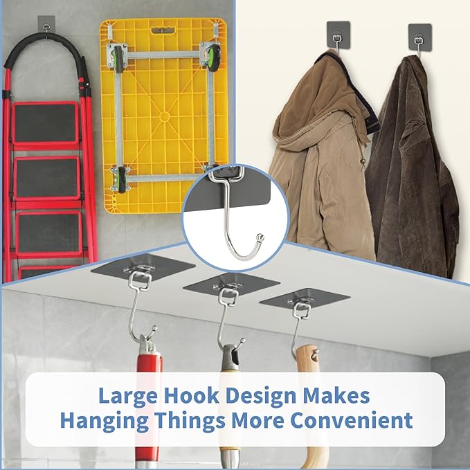 Adhesive Wall Hooks for Hanging - 60lb Heavy Duty Waterproof & Rustproof, Sticky Hooks for Walls No Damage, Kitchen/Bathroom/Rental (Ganchos para Pared) 10-Pack
