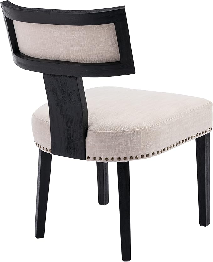 Mid Century Modern Dining Chairs Set of 2 Linen Fabric Upholstered Kitchen Side Chairs with Nailhead Trim, Modern Kitchen Armless Solid Wood Dining Chairs, Beige