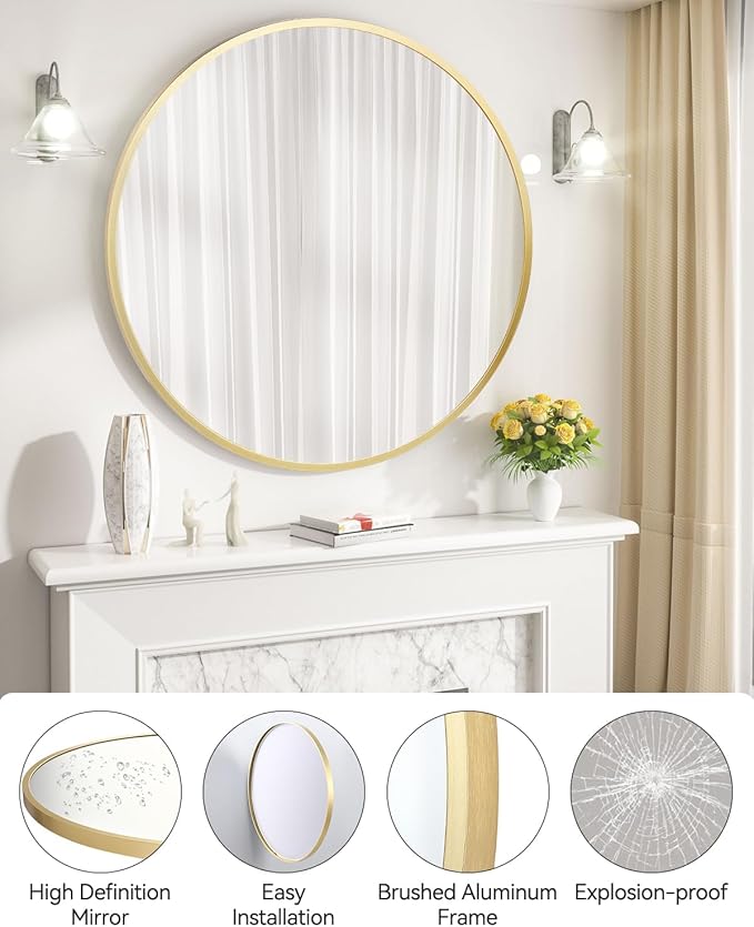 30 Inch Golden Circle Wall Mirror, Modern Round Metal Framed Mirror for Bathroom, Entryway, Living Room, Bedroom, Dining Room, Hallway, Decorative Home Décor, Easy Mount