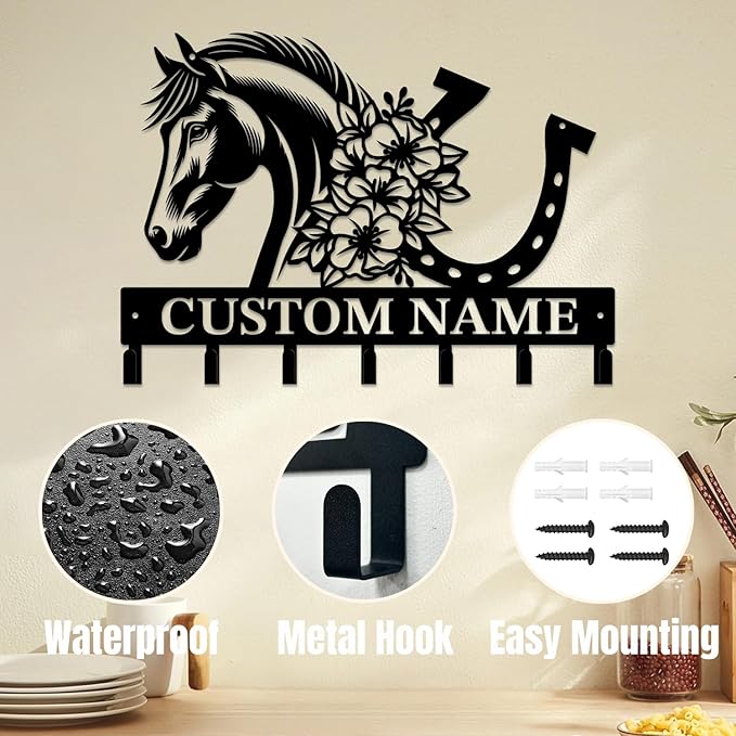 Personalized Custom Name Farm Horse Wall Key Hooks,Metal Horse Art Clothes Hooks,Metal Horse Wall Home Storage Decorative,For Front Door, Hallway, Kitchen, Bedroom,Keys,Hats (Style H)