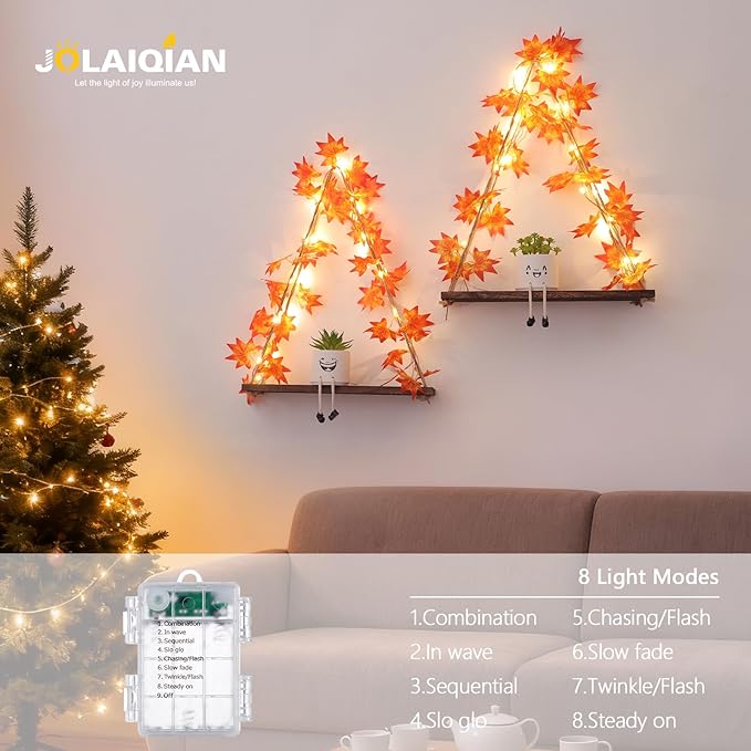 Floating Shelves for Wall, Hanging Shelves with Artificial Maple Leaves LED String Light, No Drilling Hanging Shelf, Wood Hanging Plant Shelves for Wall Décor, Boho Decor, Art Bedroom