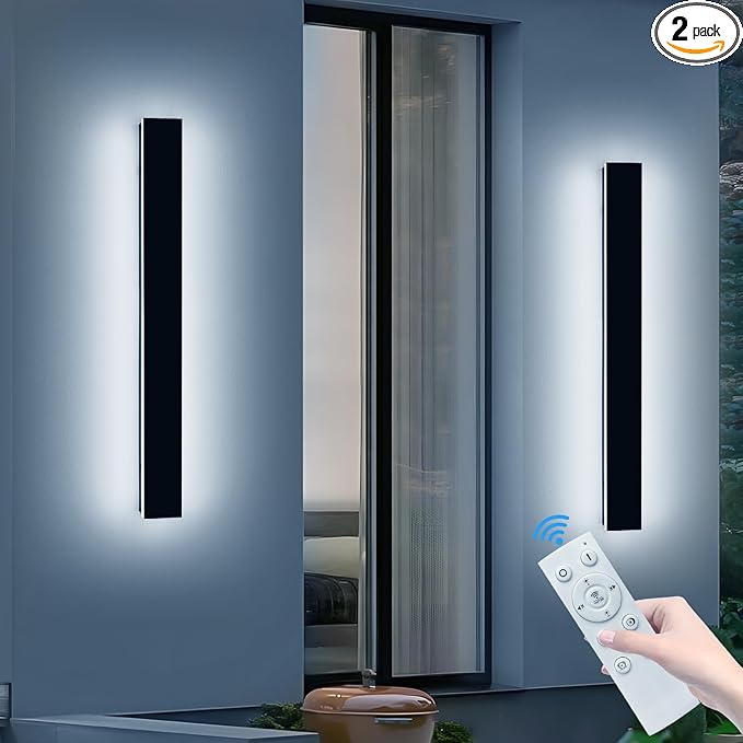 2 Pack Long Outdoor Wall Sconce, 47.2inch Modern Exterior Light Fixture, IP65 Waterproof, 3000K-6000K Dimmable, Strip Wall Mount Lighting for Patio, Garden, Garage with Remote Control