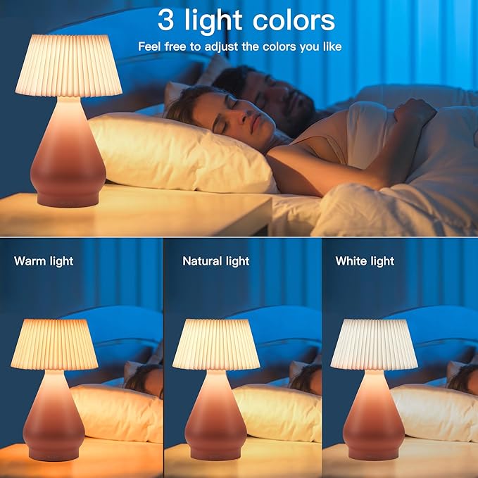 Modern Cordless Table Lamp Rechargeable, Portable LED Desk Lamp,Touch Control 3 Colors Stepless Dimming with Pleated Lampshade for Restaurant, Bedroom, Office,Outdoor Camping, Night Light(Pink)