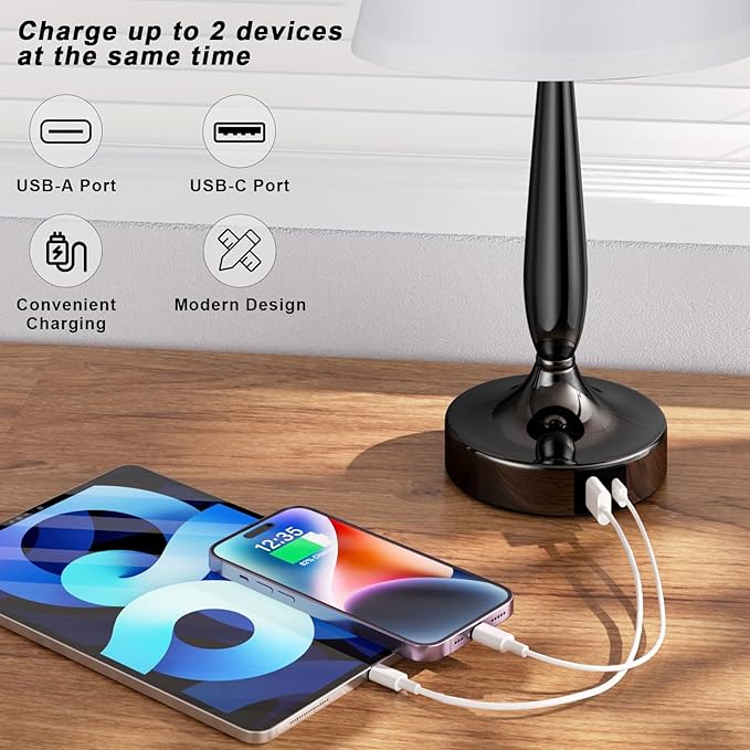 Kakanuo Touch Bedside Lamps for Bedroom Set, Small Touch Table Lamps with 2 USB Charging Ports, 3 Way Dimmable Nightstand Lamps with USB C Port - White (LED Bulb Included)