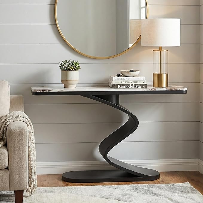 Modern Console Table with Sintered Stone Top, 47" Entryway Table with Sculptural S-Shaped Base Narrow Hallway Sofa Table Behind Couch for Living Room, Accent Furniture(Black,39.3"x11.8"x31.5")